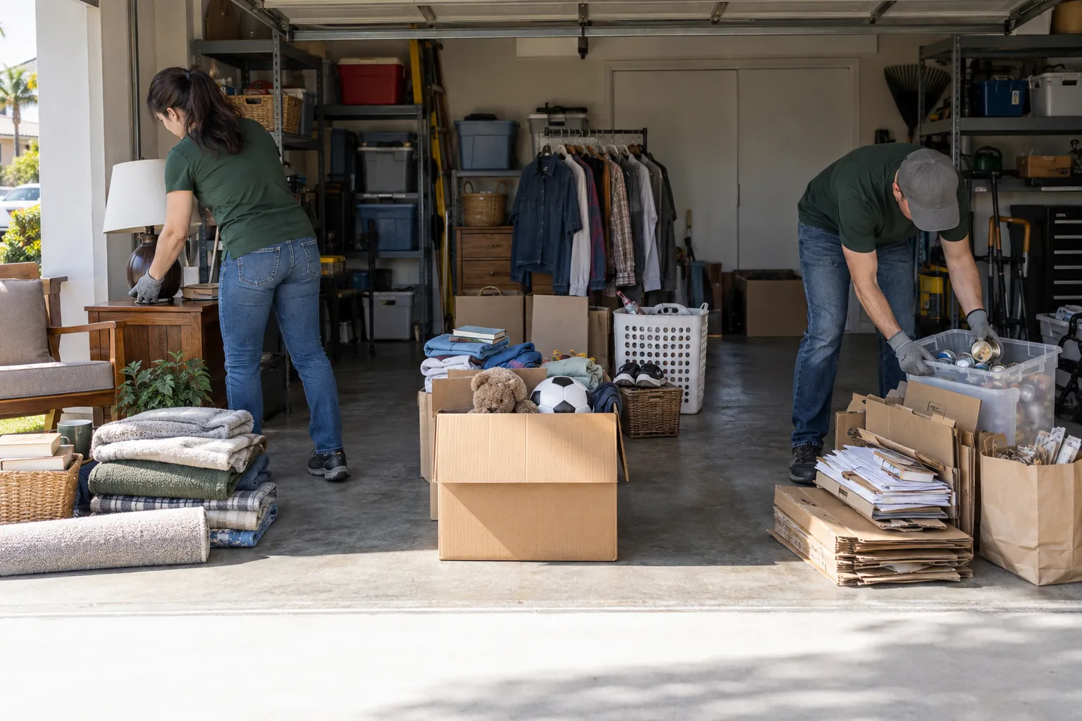 Illustrative garage sorting scene with household items grouped for keeping, donating, and recycling