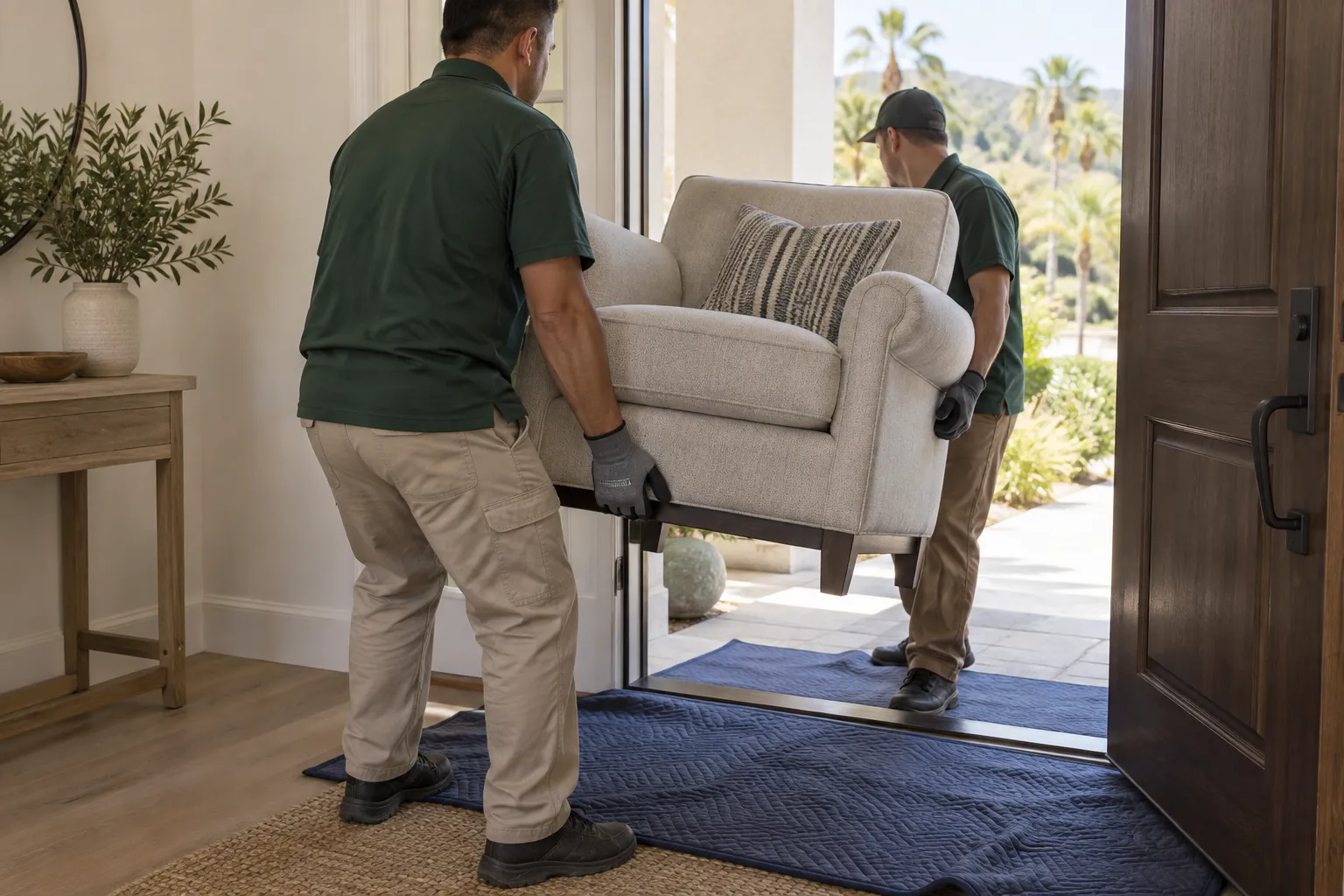 Illustrative scene of two workers carefully moving an armchair through a doorway